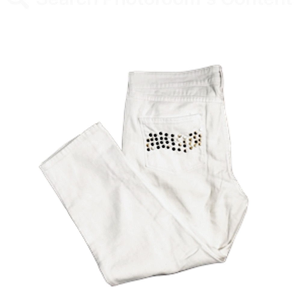 Cache Women’s White Cropped Pedal Pushers Capris Jeans  Goldtone Studded  12